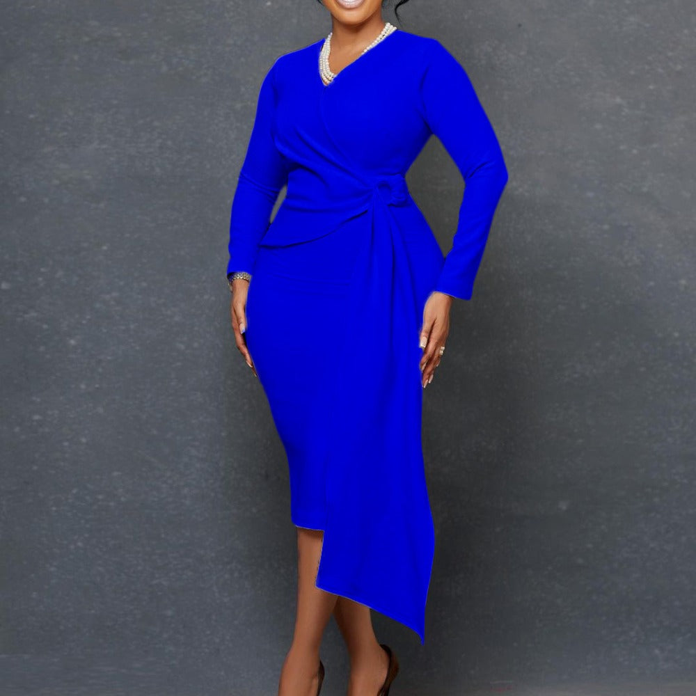 Women Dress Fashion plus Size V-neck Long-Sleeve Dress