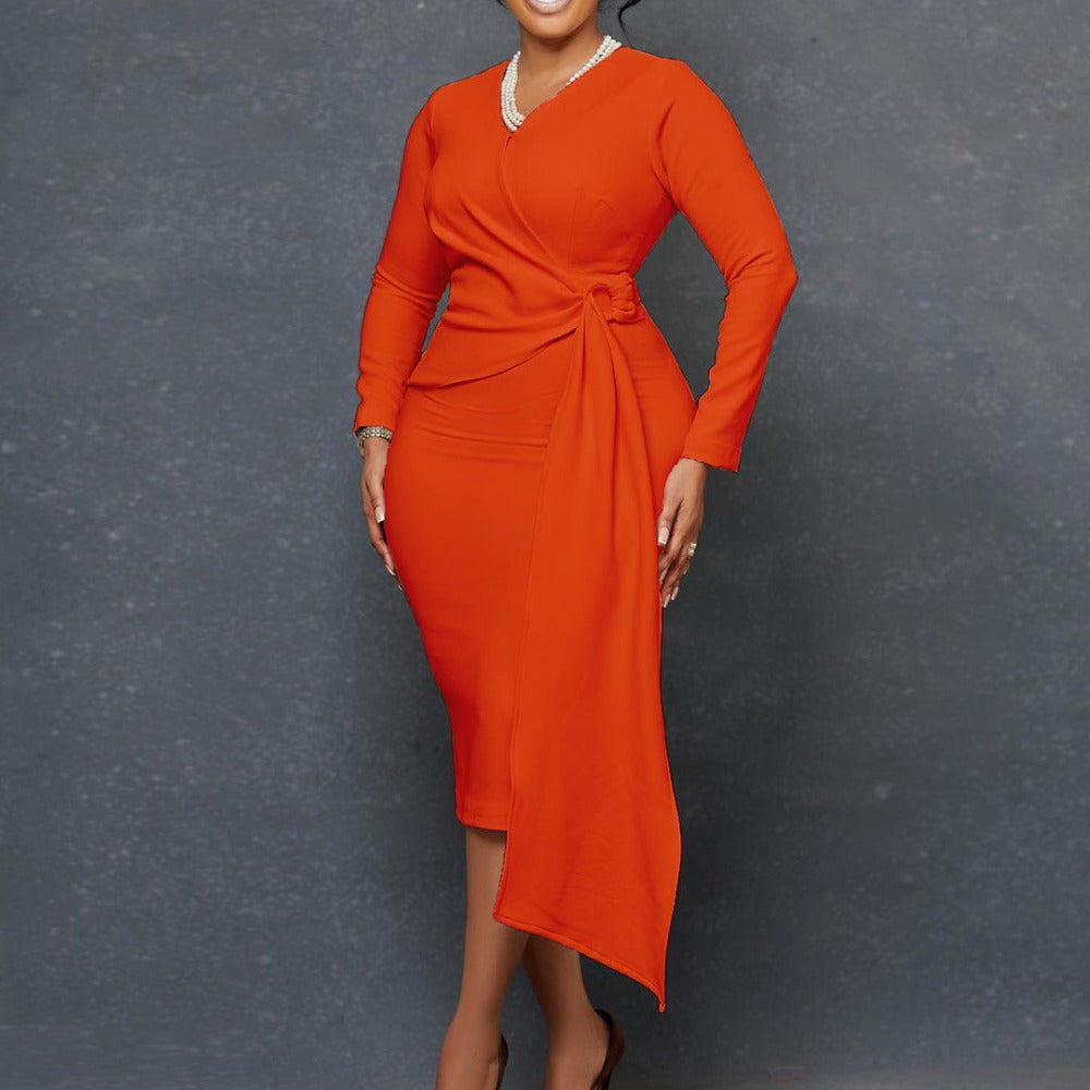 Women Dress Fashion plus Size V-neck Long-Sleeve Dress
