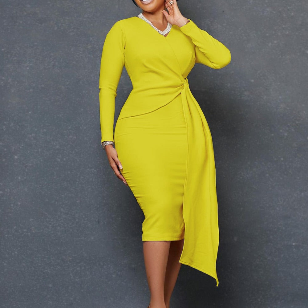 Women Dress Fashion plus Size V-neck Long-Sleeve Dress